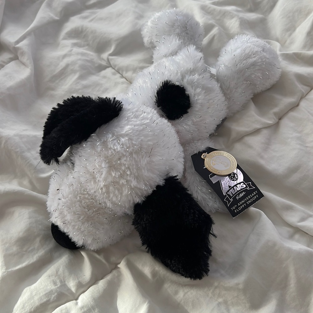 Hallmark Peanuts Floppy Snoopy 70th Anniversary Silver Sparkles Plush 10"